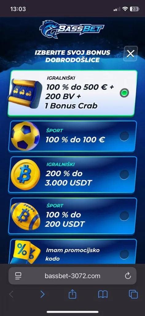 BassBet mobilni — začetni zaslon