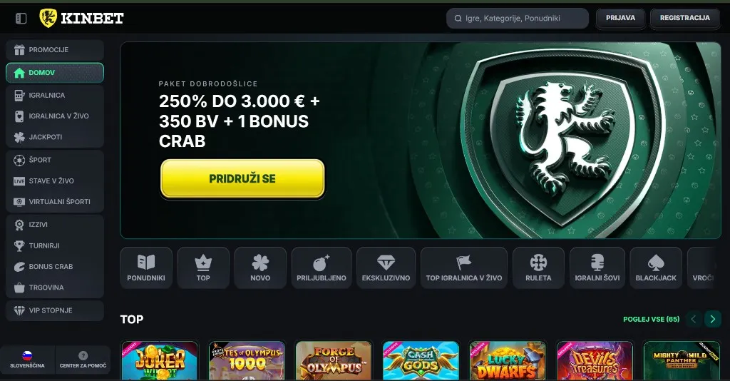 Kinbet namizni vmesnik z igralnico in promocijami
