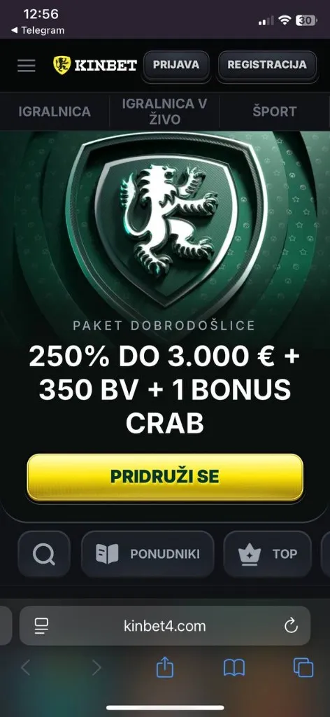 Kinbet mobilni zaslon — domača stran