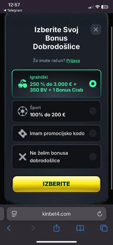 Kinbet mobilni zaslon — igralni avtomati